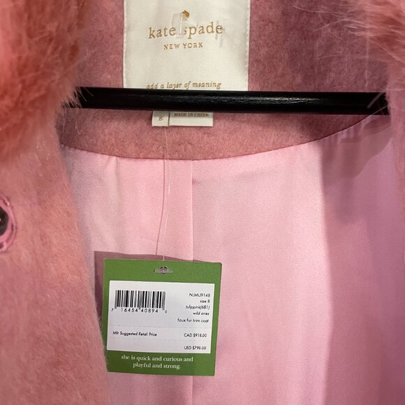 New Kate Spade Wool Blend Faux Fur Trim Coat Tulip Pink 8, M $798 - Picture 6 of 9
